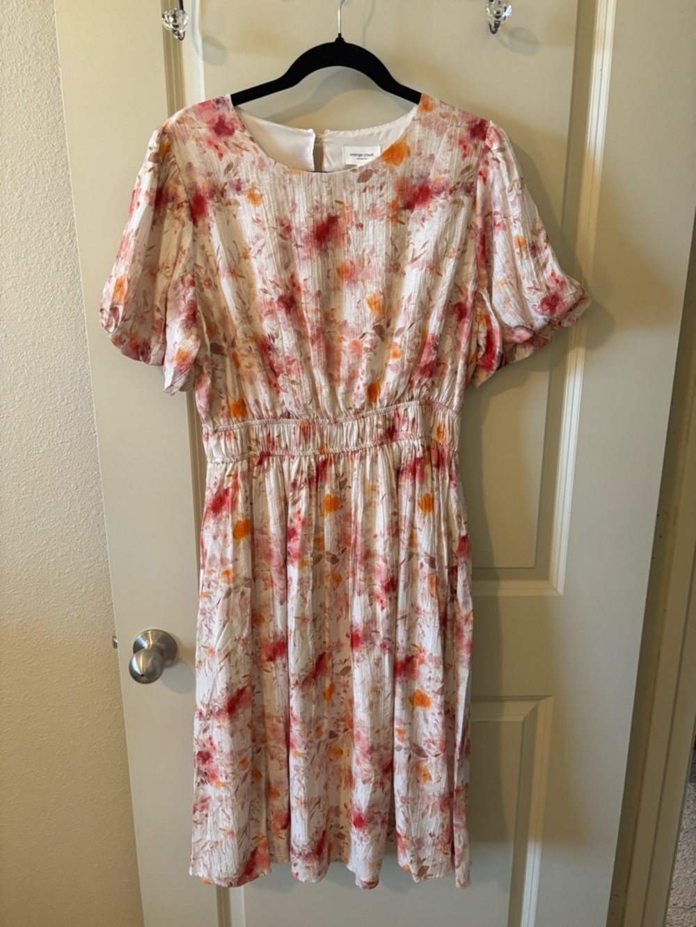 Floral Puff-Sleeve Midi Dress in Cream with Coral and Peach Accents - Modest - Picture 5 of 14